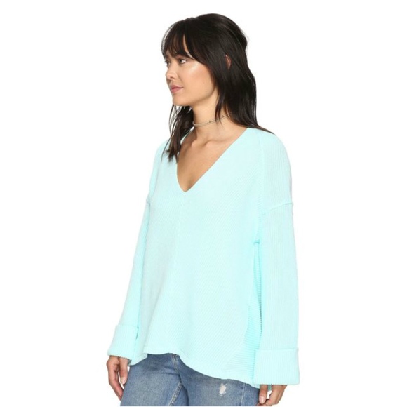 Free People La Brea V-Neck Sky Blue Knit Sweater Large - Picture 5 of 5